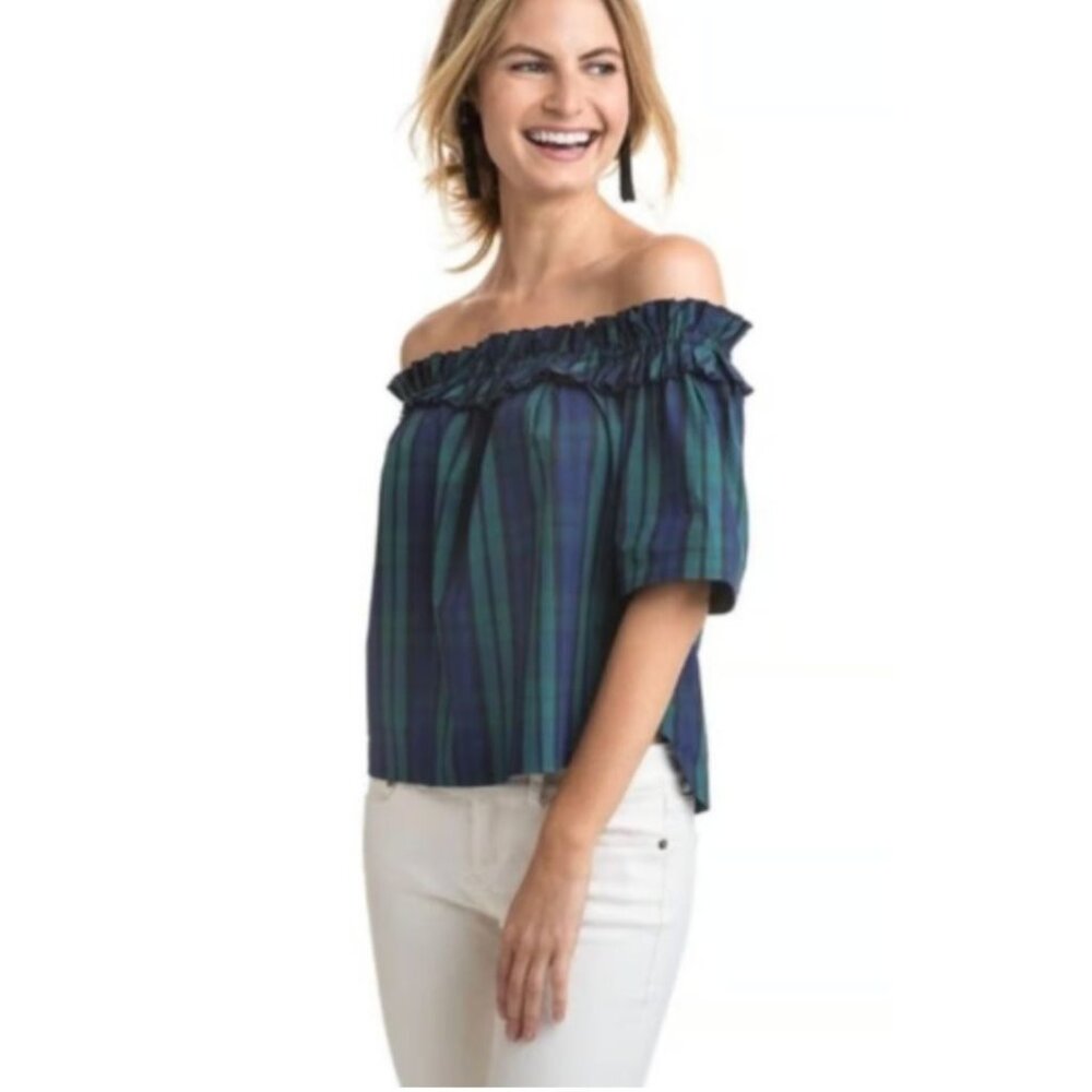 Vineyard Vines Womens Top Sz M Blackwatch Poplin Off-Shoulder Ruffled Blue/Green